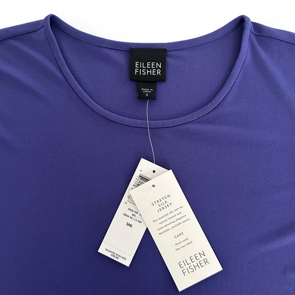 Eileen Fisher Women S Purple Iris Long Sleeve 100% Silk Stretch Pullover Top NWT - Picture 6 of 12